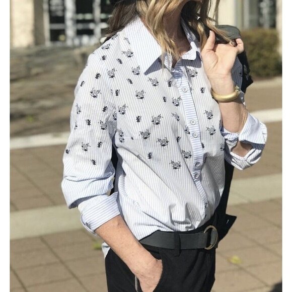 Cabi Blue Floral Pinstripe Button Up Shirt Smocked Ruffled Sleeve Women Sz M - Picture 8 of 12